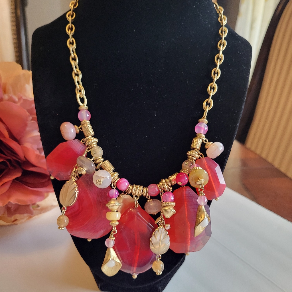 Chico's Necklace Pink Glass Slab Mother Of Pearl Goldtone Statement Jewelry 18"